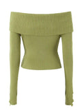 Dodobye-Long Sleeve Off-Shoulder Plain Ribbed-Knit Sweater