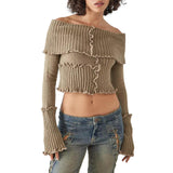 thanksgiving outfit Dodobye Women s Off-Shoulder Cropped Tops Ribbed Knit Long Sleeve Lettuce Edge Trims Sweater Slim Fitted Y2K Knitwear