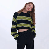 Black Friday Dodobye Y2K Green Striped Crop Knit Sweater Women Korean Vintage Streetwear Long Sleeve Pullover Female Loose All-Match Short Jumper