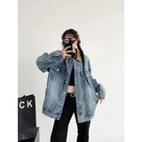 thanksgiving outfit Dodobye Vintage American Style Loose Fit Denim Jacket For Couples Spring Autumn Fashionable Distressed PU Leather Collar Trendy Women's