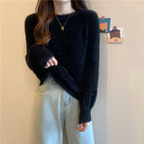 Black Friday Dodobye Autumn Winter Knitted Sweater Women Fashion Korean Hairy Loose Long Sleeve All Match Pullover Sweaters Solid O Neck Warm Jumper