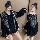 Dodobye 2025 Autumn Streetwear Denim Jacket Women Hand-studded Rivet Tassel Chain Short Jeans Jacket Loose Vintage Casual Black Coats