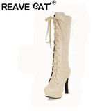 thanksgiving outfit Dodobye British Ladies Knee High Boots Round Toe Lace Up 12CM Platforms Spike Heels Shoes Size 31-45 White A4206