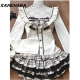 Dodobye Cute Soft Girl Style Gray White Checkered Lace Patchwork Short Skirt Bow Waist Cinching Patchwork Top Autumn Y2k Sets