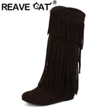 thanksgiving outfit Dodobye Women Mid Calf Boots Round Toe Increased Heel Fringe Flock Suede 46 47 48 Slip On Fashion Dating Bota