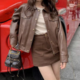 thanksgiving outfit Dodobye 2024 New Style Loose Fit Slimming Petite Jacket Brown Lapel Leather Women's Autumn Vintage Direct From Manufacturer