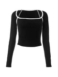 Dodobye-Square Neck Contrast Color Piping Design Long Sleeve Tee