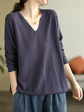 christmas outfit Dodobye Long Sleeves Loose Solid Color V-Neck Sweater Tops