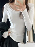 Dodobye-Solid V Neck Seam Detail Slim Long Sleeve Knit