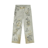 Dodobye 2025 Spring New Fashionable Men'S Jeans, Fashionable Personalized Street Wear, Hand Drawn Graffiti, Old Washed Denim Pants