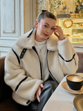 christmas outfit Dodobye Fashion Contrast Spliced Zipper Lapel Lamb Wool Jacket Women's Chic Casual Thick Warm Long Sleeve Coat Ladies Chic Outwear 2024