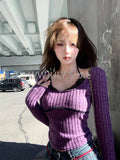 Dodobye Woman Fake Two Lace Long Sleeved T-shirts Casual Sweet Slim Knitted Sweater Harajuku Korean Fashion Tees Y2k E-girls Tops