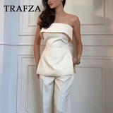 thanksgiving outfit Dodobye 2024 Spring Summer Women Elegant Solid Suit Fashion Casual Strapless Sleeveless Slim Short Tops+High Waist Zipper Pants