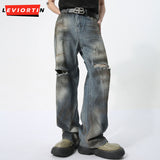 Dodobye 2025 Summer New Men'S Ragged Jeans Casual Retro Style Dirty Fashion Perforated Design Loose Straight Leg Wide Leg Pants M-Xl