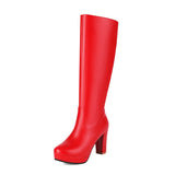 thanksgiving outfit Dodobye Sexy Women Knee High Boots Round Toe Chunky Heels 9cm Platform 2cm 45 46 47 Female Daiting Booties