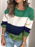 christmas outfit Dodobye Long Sleeves Loose Contrast Color Split-Joint Striped Round-Neck Pullovers Sweater Tops