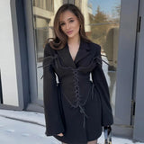 thanksgiving outfit Dodobye Elegant England Panelled Dress Women Lace Up Lapel Full Sleeves Empire Mini Dresses Female 2024 Autumn Commute Lady Robes