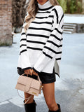 christmas outfit Dodobye Long Sleeves Loose Contrast Color Split-Side Striped High Neck Pullovers Sweater Tops