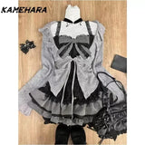 Dodobye Shibuya Street Retro Lolita Set Lace Lotus Leaf Tees E-girl Gothic Slimming Cake Splicing High Waist Skirt 3 Piece Sets