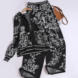 Dodobye Jacquard Knit Long Sleeved Zipper Hooded Cardigan And Elastic High Waist Wide Leg Pants Printed Street 2 Piece Set Women Outfit