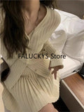 Dodobye Elegant Two-piece Solid Skirt Sets Women V-neck Long Sleeves  Knitted Cardigan + Mini Pleated Skirt Autumn Y2K Korean Chic Suit