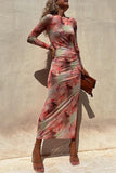 Dodobye-Stylish tie-dye mesh overlay printed long-sleeve ruffled stretch maxi dress