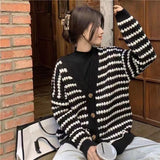 Black Friday Dodobye Striped Knit Cardigan Women Black White Patchwork Fall Winter Warm Button Sweater Fashion Elegant Loose Chic Twist Coat