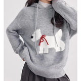 Dodobye Dog Printed Cute Hooded Sweater Knit Women Y2k Drawstring Long Sleeve Pullover Sweater Loose Casual Hoodies Fall Winter