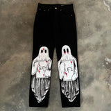 Dodobye 90s Streetwear Ghost Graphic Jeans Printed Oversized Harajuku Gothic Y2k Black Jeans Men and Women Casual Straight Pants New Style Hot Sale