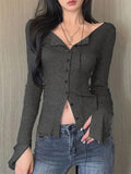 Dodobye Solid Color V Neck Slit Sleeve Long Sleeve Knit