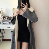 Black Friday Dodobye Fake Two-Piece Knitted Cardigan Women Hooded Patchwork Korean Fall Sweater Fashion Loose Casual High Street Big Pockets Jumpers