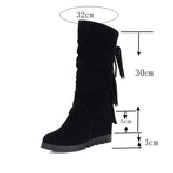 thanksgiving outfit Dodobye Women Knee boots Slouchy Increasing heel Wedge Platform Flock Tassels Round toe Slip on Spring Autumn big size 43  12