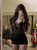 Dodobye Women Sexy Slim Elegant Vintage Lace Tops + Office Lady High Waist Black Shorts 2025 Summer New 2 Piece Sets Korean Fashion Chic