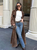 christmas outfit Dodobye 2024 New Elegant Suede Lapel Overcoat With Belt Chic Double-breasted Full Sleeve Long Jacket Autumn Female Commute Outwear