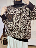 christmas outfit Dodobye Long Sleeves Loose Leopard Split-Joint High Neck Pullovers Sweater Tops