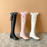 thanksgiving outfit Dodobye REAVE Over-Knee High Boots Round Toe Wedges Ribbons Size 34-43 Sweet Pink White Black S2721