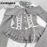 Dodobye Japanese Harajuku Style One Shoulder Hanging Neck Suspender Knitted Coat Shibuya Street Cake Half Skirt Y2k 2 Piece Set