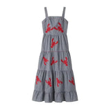 Dodobye Embroidery Plaid Long Dresses Women Sleeveless Slip Midi Dress Woman Pleated Backless Beach Dress Vintage Summer Dress