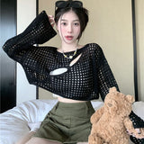 Black Friday Dodobye Chic Hollowed Out Smock Women Long-Sleeve Solid Sexy Cropped Tops Blouse Harajuku Fashion Loose Knitted Y2K High Street Sweater