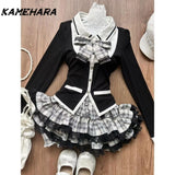 Dodobye American Retro College Style Gray White Checkered Cake Half Skirt Bow Black Slimming Patchwork Cardigan Two-piece Sets