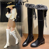 thanksgiving outfit Dodobye Fashion Lady Thigh Boots 54cm Round Toe Block Heels 6cm Plush Shoes Ribbon Sexy Party Big Size 45 46 47 48