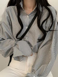 Dodobye-Stripe Lantern Sleeve Long Sleeve Blouse