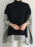 christmas outfit Dodobye Batwing Sleeves Loose Split-Joint Split-Side Striped High Neck Sweater