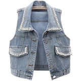 Dodobye 2025 New Autumn Women Vest Jacket Fashion Beading Jeans Jacket Sleeveless Loose Short Blue Denim Coat Causal Waistcoats Jackets