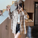 Dodobye Harajuku Y2k Plaid Shirt Women Streetwear Loose Long Sleeve Vintage Blouse American Oversize Casual Bf Single Breasted Tops