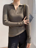 Dodobye-Solid V Neck Ribbed Splice Sweater