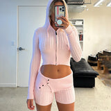 christmas outfit Dodobye Knitted Hooded Two Piece Set Women Sweatshirt Set Long Sleeve Zipper Sweater Short Pant Solid Casual Tracksuit Suit