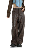 Dodobye Women's Vintage Brown Leather Pants 90s Y2k Retro Pippie High Waist Pants Baggy Harajuku Wide Leg Jogger Trousers 2000s Clothes