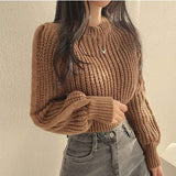 Black Friday Dodobye Zoki Autumn Knit Short Sweaters Fashion Sexy Hollow Out Long Sleeve O Neck Solid Pullover Loose Korean All Match Crop Jumper New