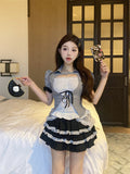 Dodobye Sweet Causal 3 Piece Set Women Elegant Short Sleeve Cardigan + French Slim Vest + Kawaii Lace Cake Mini Skirts Japanese Style